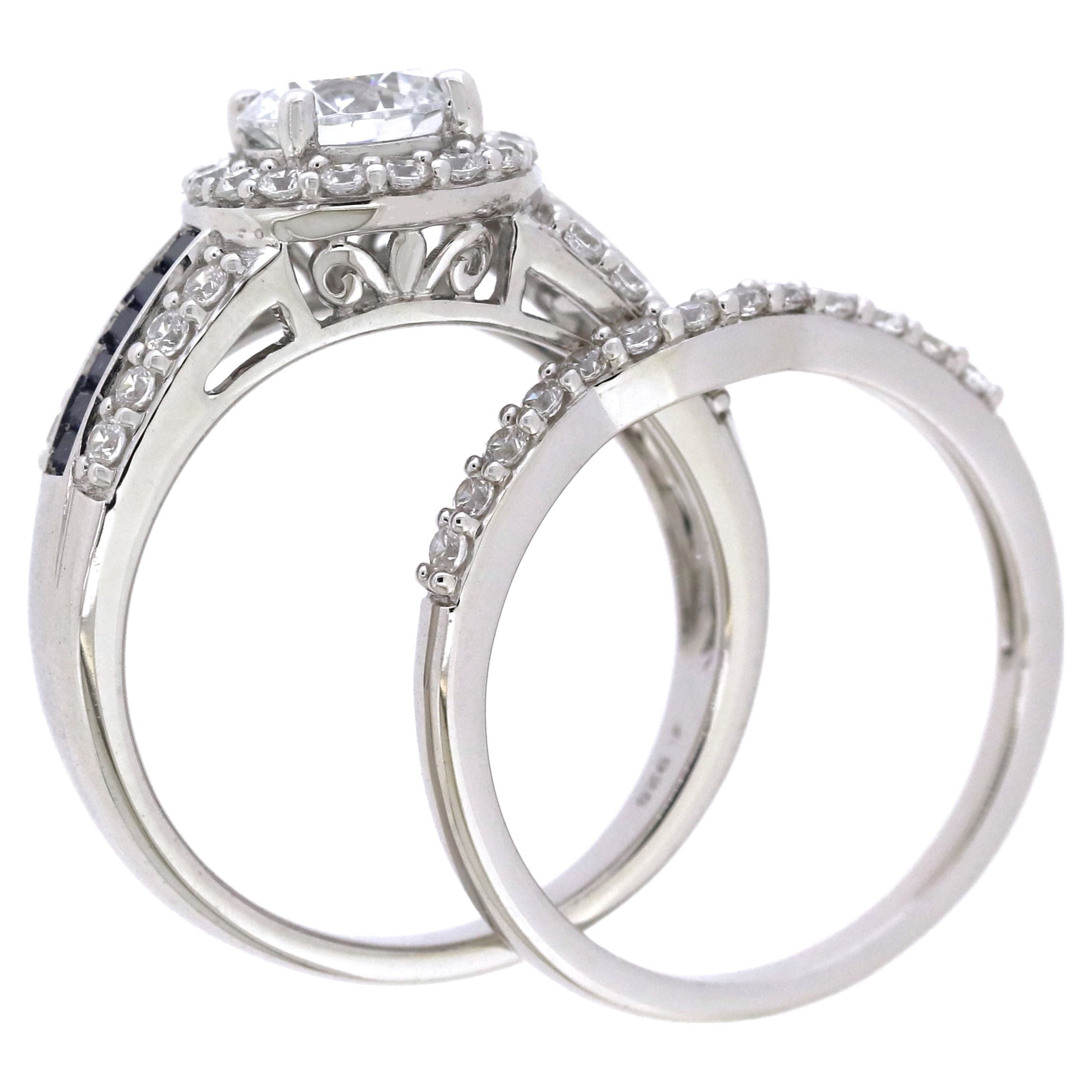 Brilliance 925 Sterling Silver Simulated White Diamond with Created Sapphire accent Bridal Engagement Ring Set