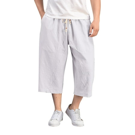 snowsong Men s Pants Linen Pants Men Men Baggy Wide Leg Pants Hanging Crotch Bloomers Calf Length Mid Rise Pockets Trousers Mens Lounge Pants White 1 XXL