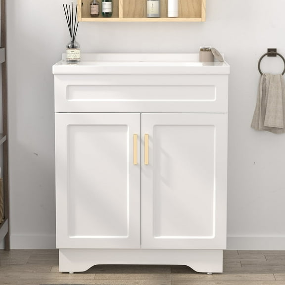 OLD CAPTAIN Bathroom Vanity with Ceramic Sink, Wooden Double Door Bathroom Storage Vanity with 32 Inch, White
