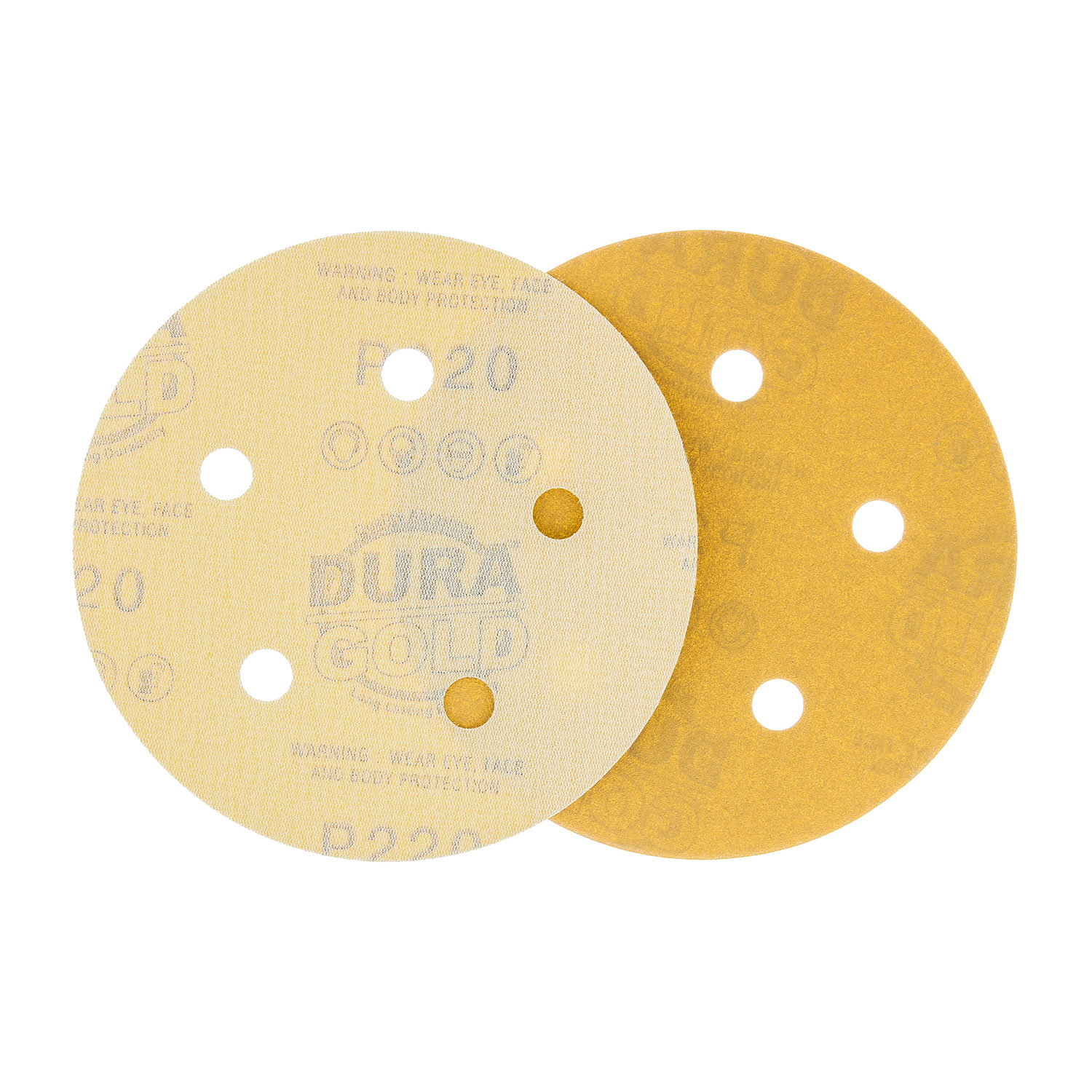 Dura-Gold 5 Inch 220 Grit Gold Sanding Discs – 5-Hole Hook & Loop, Box Of 50, For DA Sander