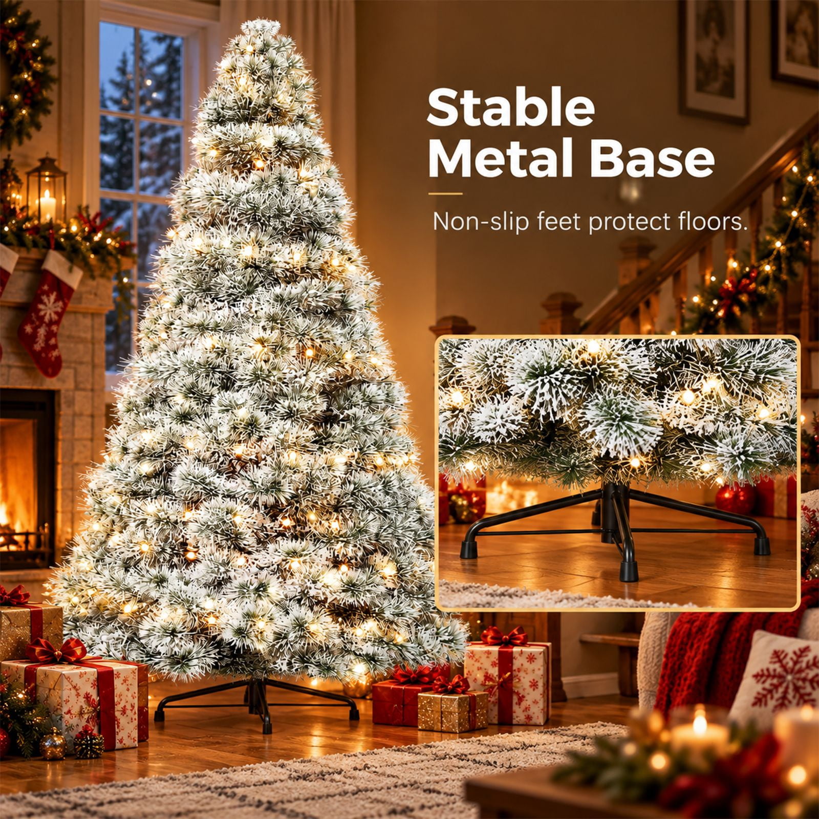 Alvantor Pre-Lit Christmas Tree, Flocking 4.5 FT Hinged Spruce, 120 LED Lights, 347 Tips
