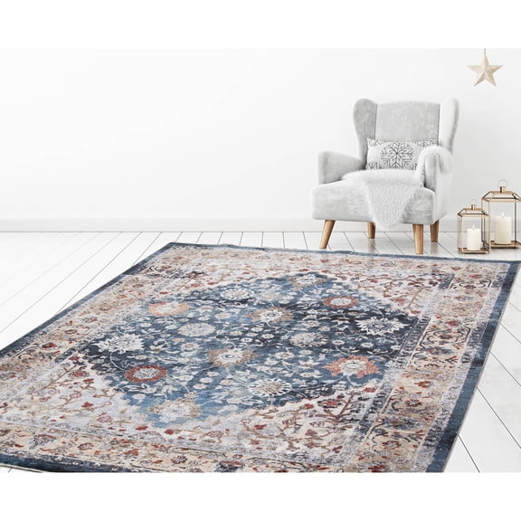 Concord Global Pandora Collection Royalty Area Rug Blue/Ivory/Paprika 6'7''x9'3'' 7' x 9' Bedroom