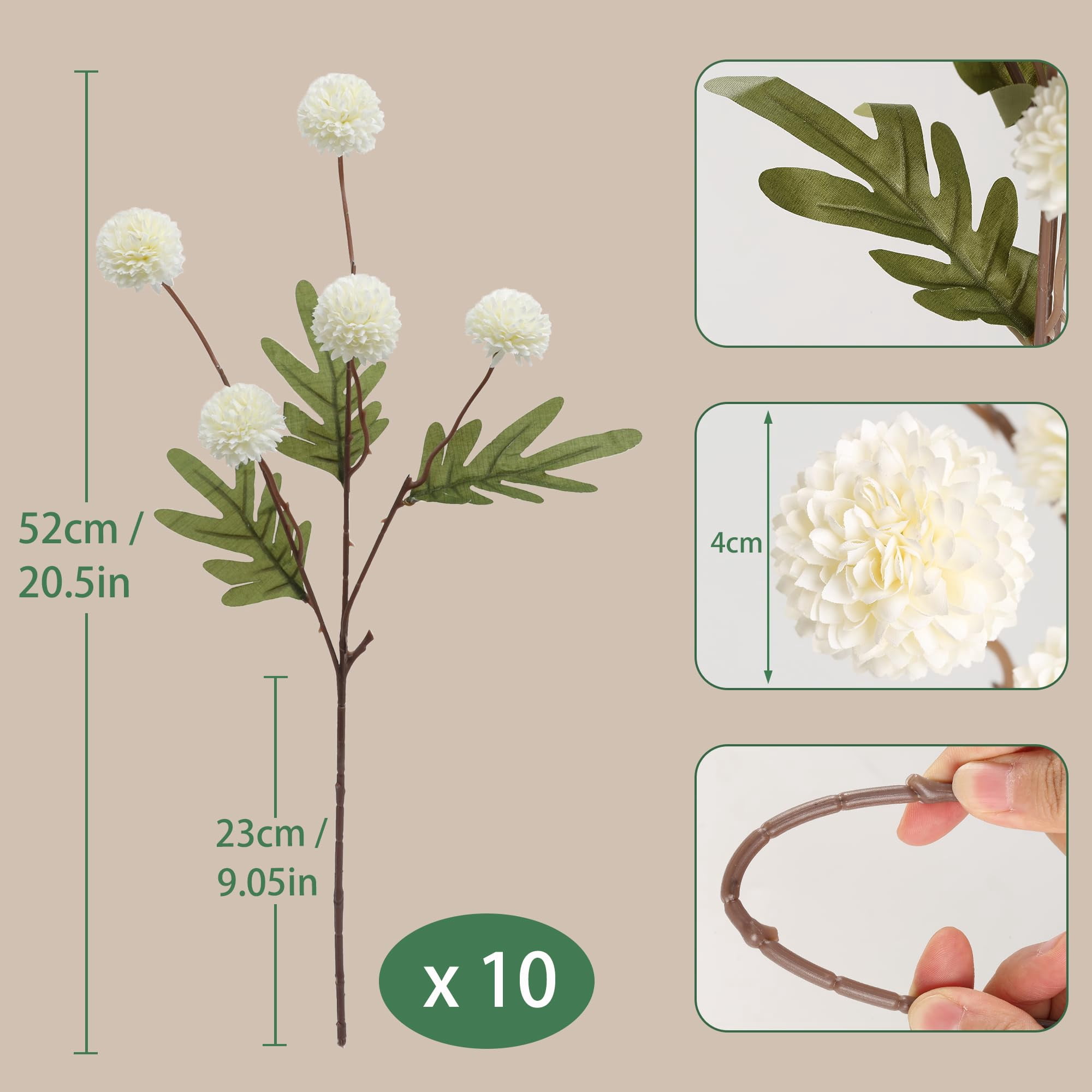 Beige Fake Flowers Long Stem 10PCS, Artificial Flowers Silk Mini Chrysanthemums for Vase, Fake Pompon Mums Vintage Dried Faux Decorative for Home Centerpieces Farmhouse