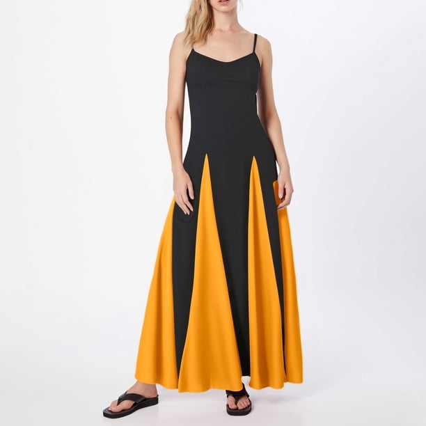 WILLBEST Vestidos Largos Casuales para Mujer, Vestido Maxi sin Mangas con Bloques de Color, Vestido de Patchwork de Corte Bajo, Vestido de Cintura Alta, Vestido Fluido de Línea A Chica