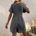 thumbnail image 6 of Women's V Neck Cotton Linen Jumpsuit with Pocket, Short Sleeve Back Zipper Romper, Casual Summer Jumpsuit for Beach Vacation, Streetwear and Daily Wear-Dark Gray, 6 of 10