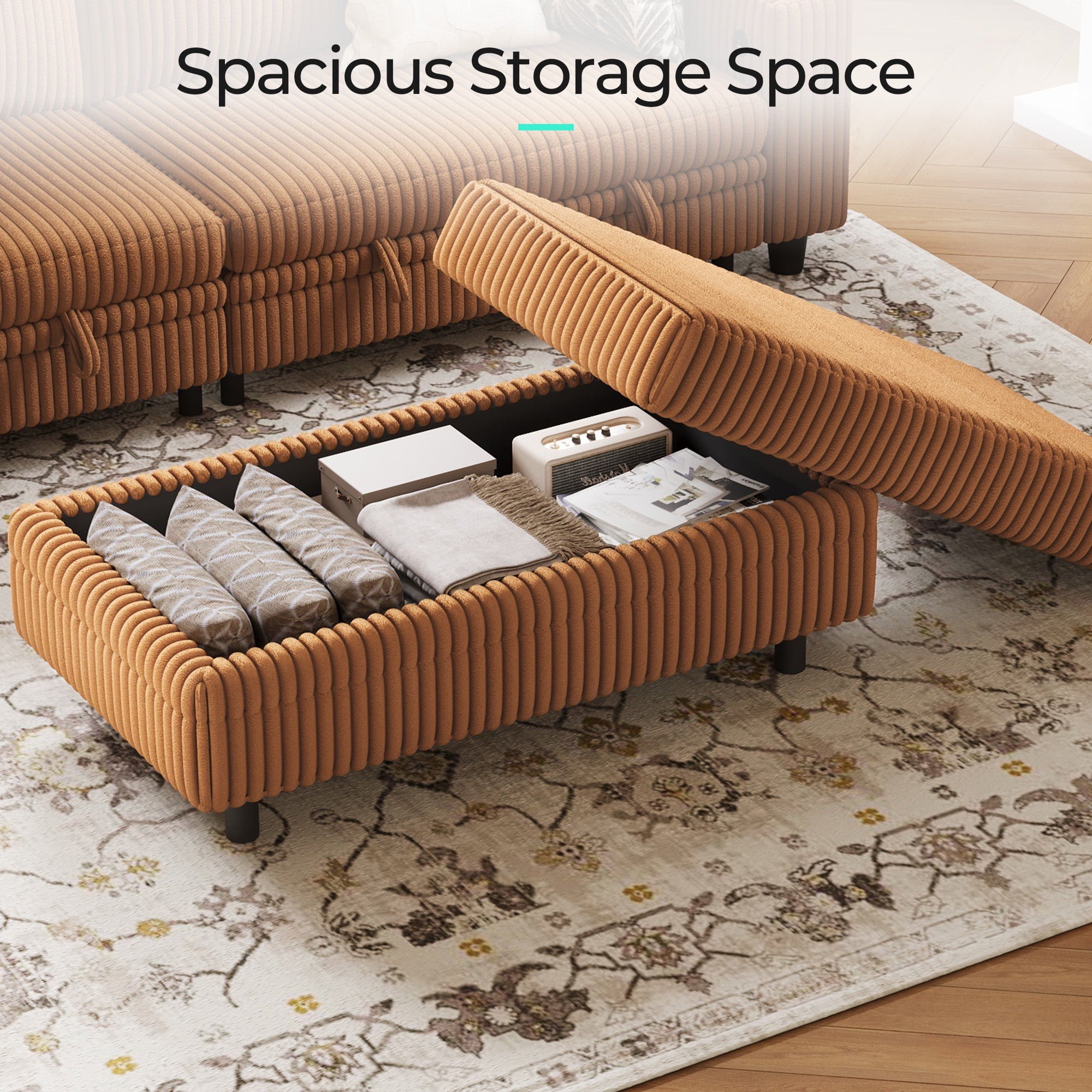 LINSY HOME Modular Sectional Couches for Living Room, Sofa Bed with Storage Seat, Pull Out Couch Bed with Storage Ottoman, Brown