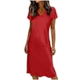 thumbnail image 1 of Camisetas de Cuello en V de Manga Larga de Mujer de Verano de Color Sólido Manga Corta Vestido de Sueño con Cuello en V, Vestido de Cuello en V de Manga Larga para las Mujeres Ropa de Noche Casual, 1 of 5