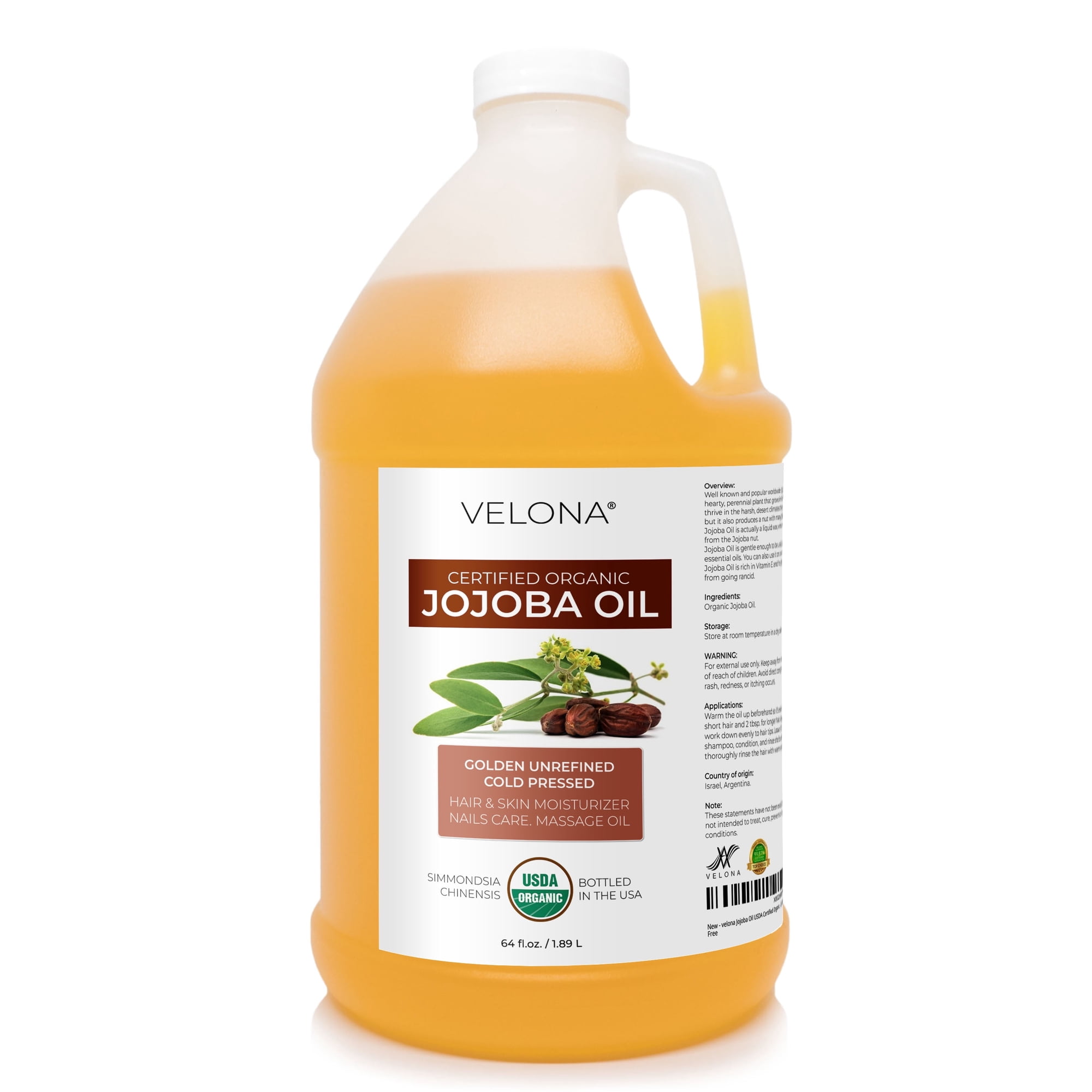velona USDA Organic Jojoba Oil - 64 fl oz , Unrefined, Cold-Pressed, Golden, Bulk