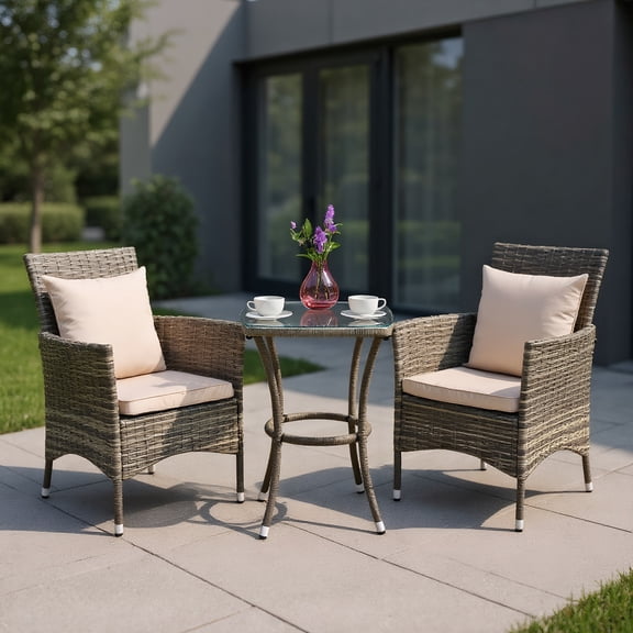 YYAo 3 Pieces Patio Rattan Chairs and Table Set with Cushions