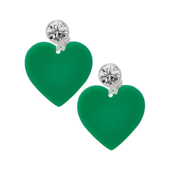 Acrylic 1" Green Heart Clear Crystal Clip On Earrings
