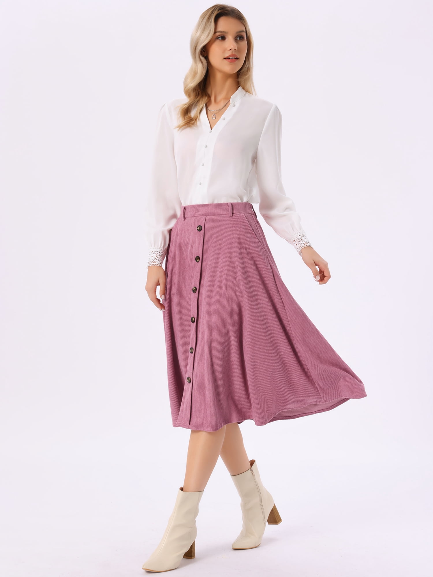 DARING DIVA Women's High Waist A Line Midi Skirts with Pockets Large Pink
