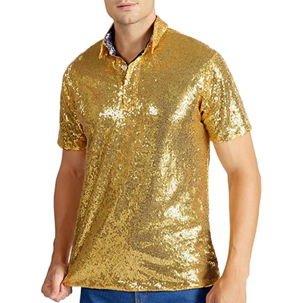 xiaxaixu Men Sparkle Sequins Shirt Casual Vintage Summer 1/4