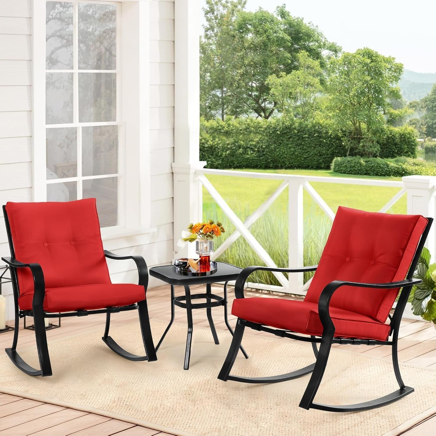 SUNCROWN 3-Piece Outdoor Patio Furniture Black Metal Set with Chairs Set of 2 and Glass-Top Table, Red