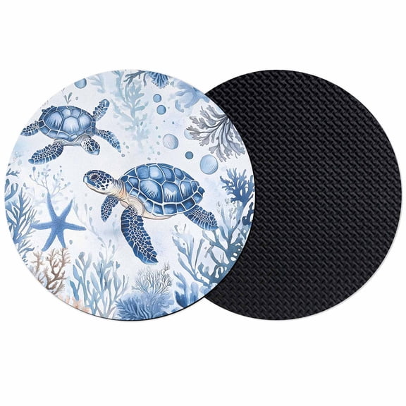Summer Beach Coastal Coasters Set of 2, Sea Turtle Coral Nautical Absorbent Coasters for Drinks, Coaster for Bar Office Dining Coffee Table Accessories Decor, Non Slip Round Desk Coaster
