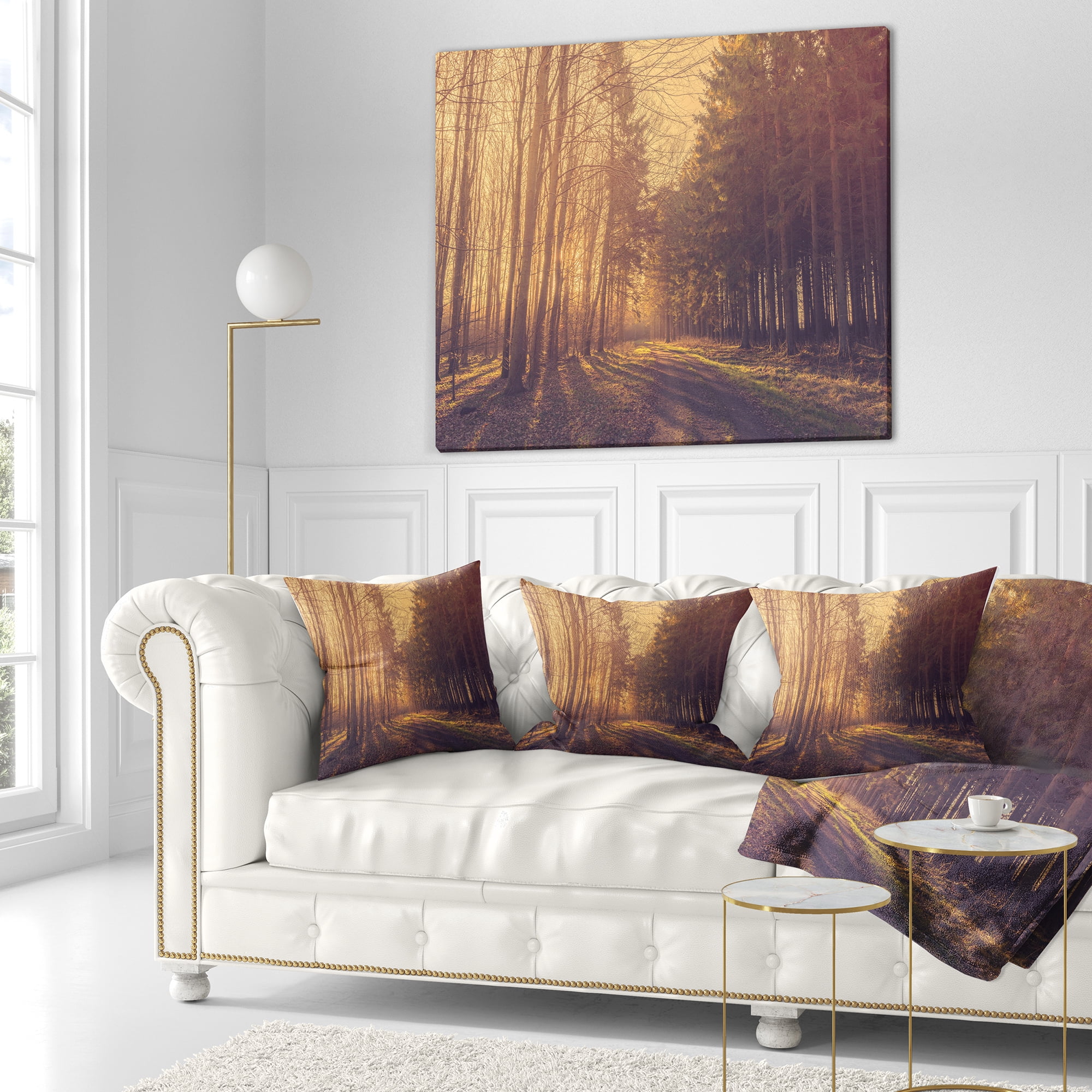 Designart Pine Tree Forest by Road - Landscape Photo Throw Pillow - 18x18