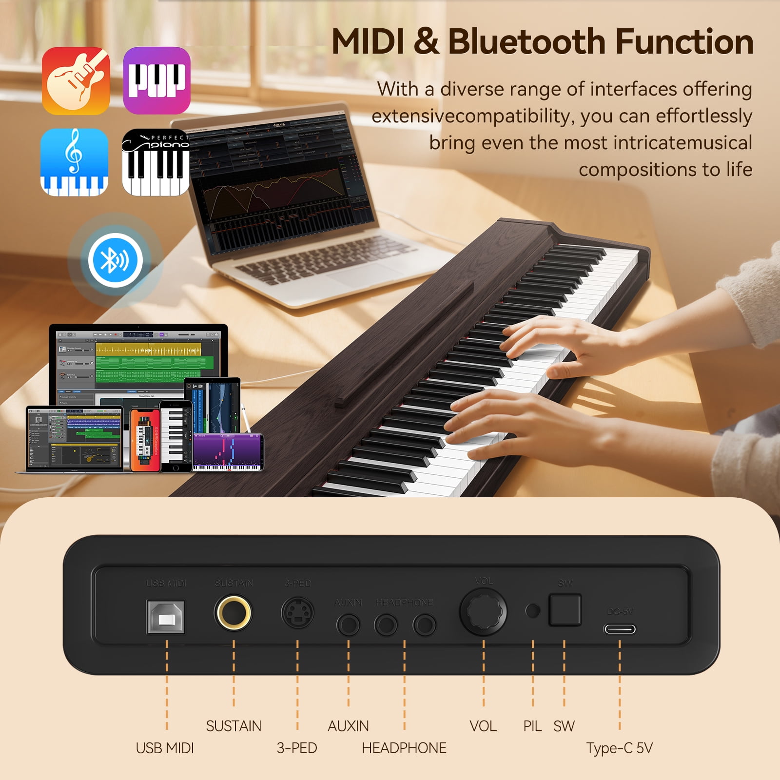 TERENCE 88 Key Piano Keyboard Digital: 88 Key Keyboard Piano Semi-Weighted Full Size Premium Sound MIDI Headphone Jack Triple Pedal for Beginners to Professionals