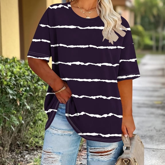 ITSAME Womens Plus Size Tops, Crewneck Short Sleeve Striped Print Summer Casual Fashion Blouses Purple Size 4XL