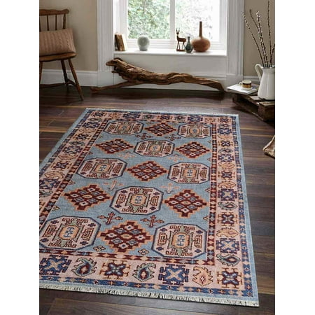 Kazak Collection Rug Rugsotic Carpets Hand Knotted Afghan Woolen with Silk 9' x 12' Kazak Area Rug Aqua Cream AF0117-Color:Aqua Cream,Material:Wool And Silk,Shape:Rectangle,Size:10' x 13' ()