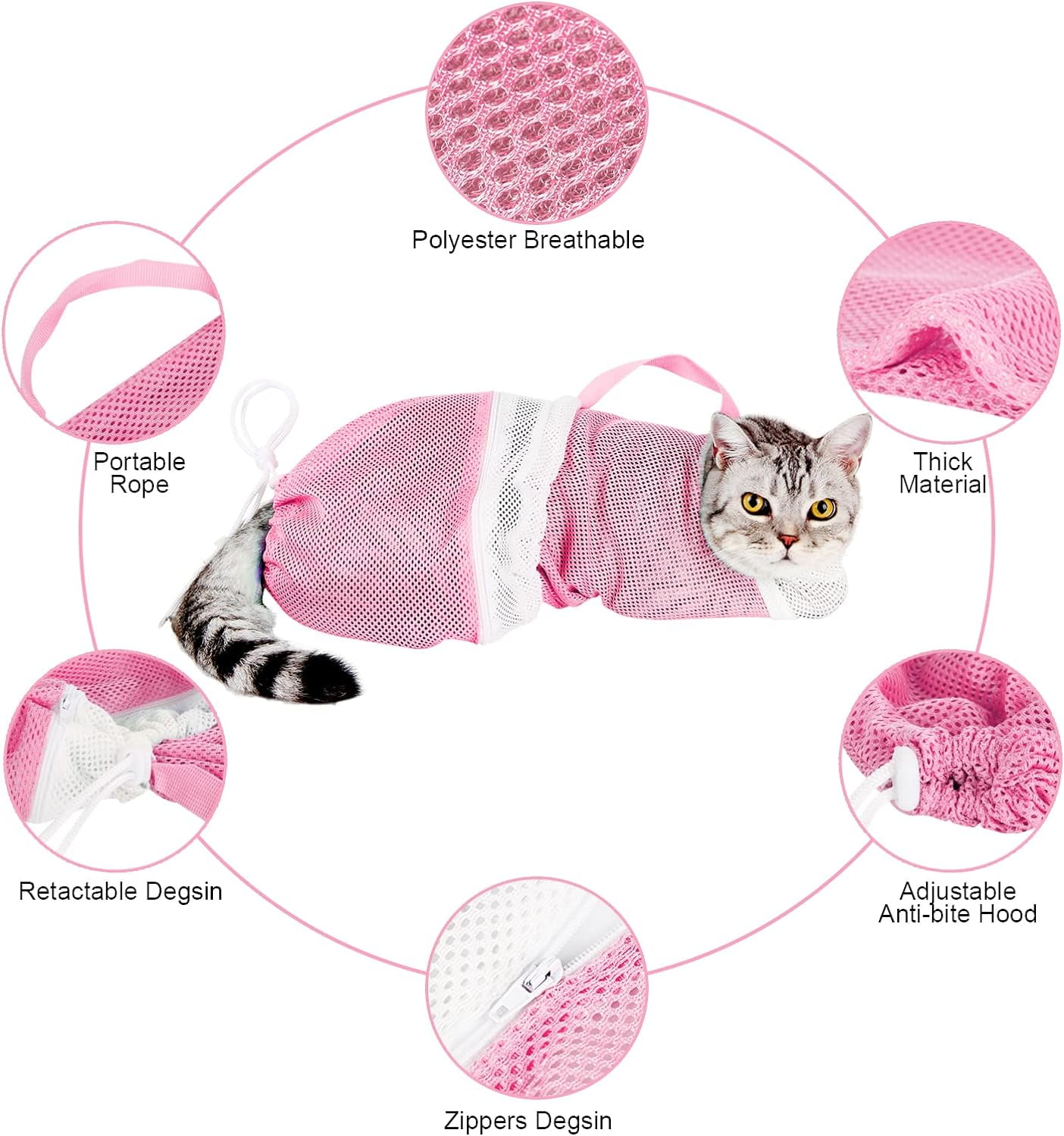 GASTROPOD Cat Bathing Bag Anti-Scratch Grooming Net, Adjustable Pet Restraint Sack with Zipper, Breathable Mesh Wash Bag for Shower, Nail Trimming, Peach