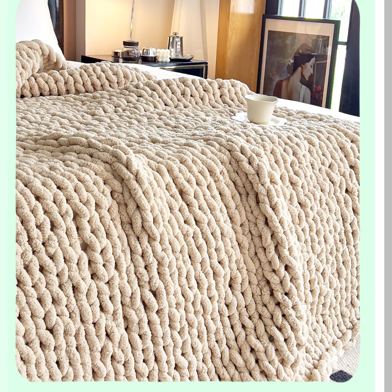 Ivory Cozy Chunky Knit Throw Blanket Heavy Chenille Yarn