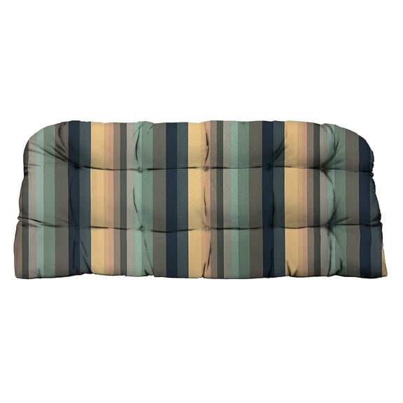 RSH Décor Indoor Outdoor Single Tufted Wicker Loveseat Cushion, Standard, Braymont Dune Blue Stripe