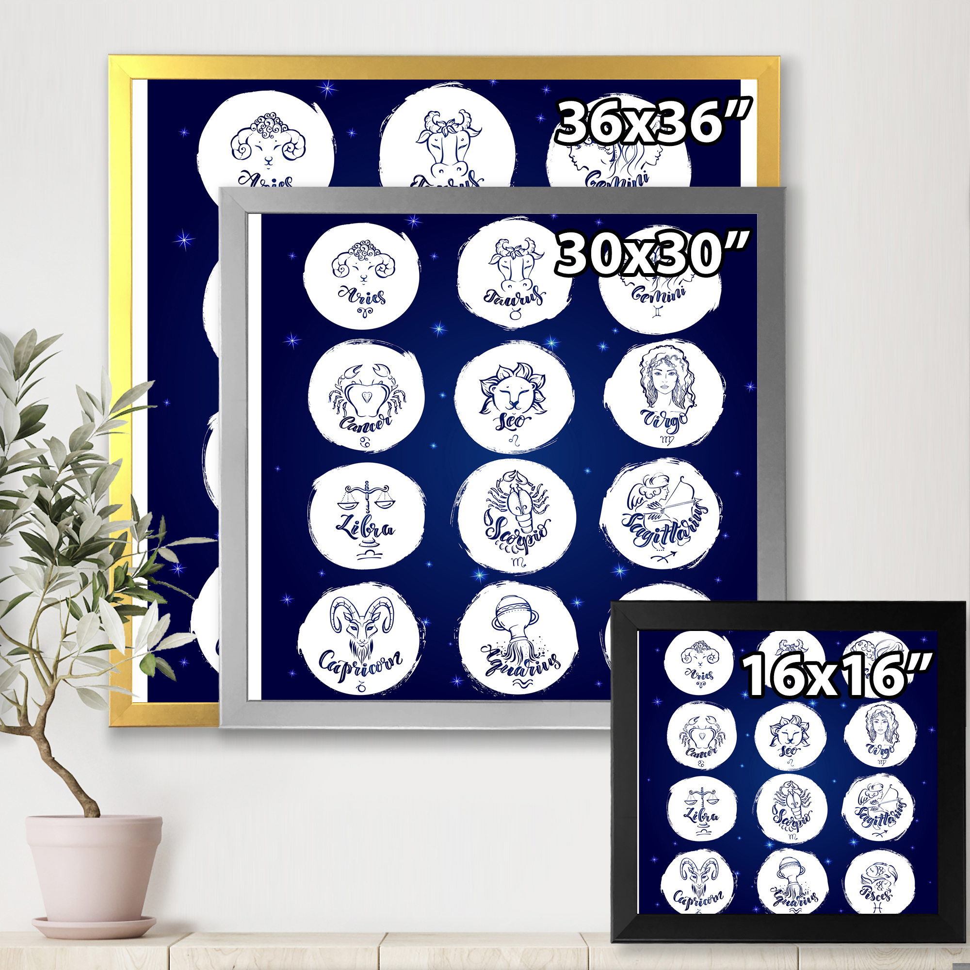 Designart 'Zodiac Diagram & Signs On Blue' Modern Framed Art Print