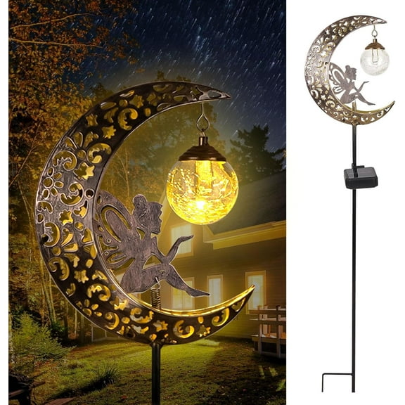 Solar Garden Lights – Moon Fairy Crackle Glass Stakes with Warm White LED, Waterproof Metal Pathway Lights for Walkway, Patio, Backyard and Lawn; Decorative Ornament Gift for Gardeners