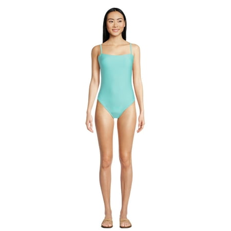 Time and Tru Women s and Women s Plus Bandeau Lace Up One Piece Swimsuit  Sizes XS-3X