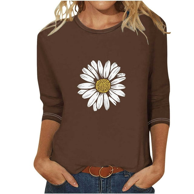 Blouse pour Femmes T-shirt Imprimé Manches 3/4 Blouse Col Rond Hauts Décontractés