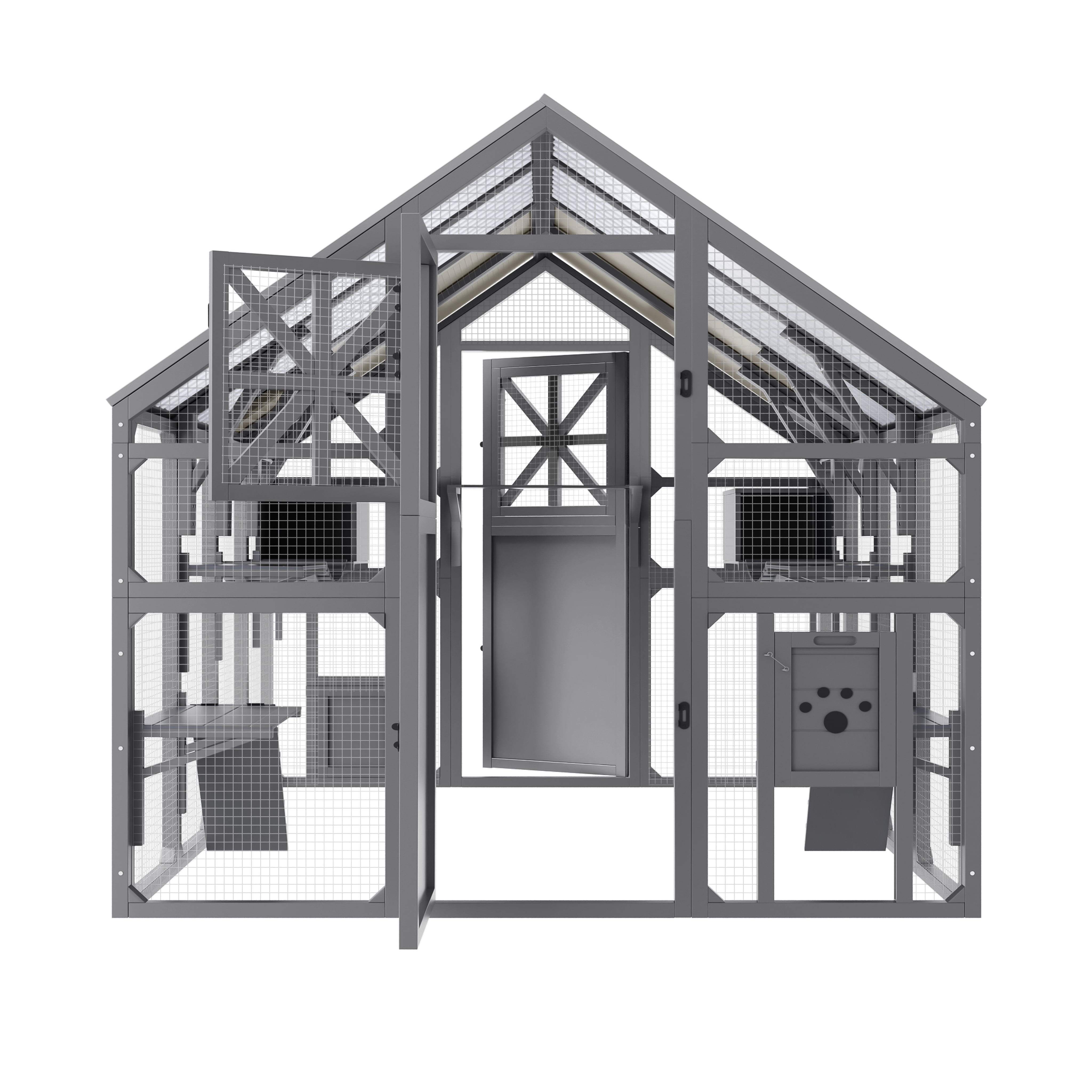 YIYADO Extra Large Catio Outdoor Cat House, Walk-In Outdoor Pet House for Multiple Cats, Catio Cat Run with Bridge, PVC Roof, Weatherproof Cover, 8 Platforms, 2 Rest Boxes, Gray
