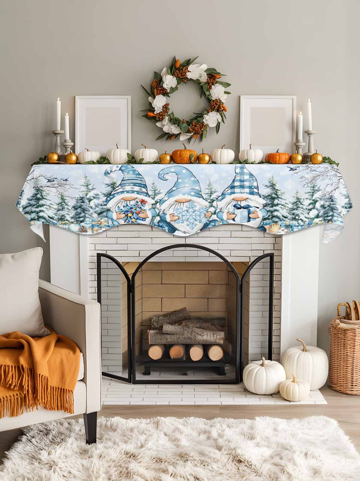 Christmas Blue Dwarf Fireplace Mantle Scarf Winter Snowing Pine Tree Branches Xmas Mantel Cover Runner Fireplace Cloth for Holiday Party Home Living Room Decor 70 x 17 Inch