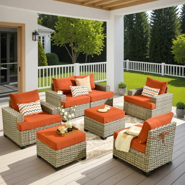 Hooowooo Wicker Patio Furniture 7 Pieces Rattan Outdoor Conversation Set All Weather Modular Sectional Sofa Patio Chair Set with Cushion Ottoman for Porch, Orange Red