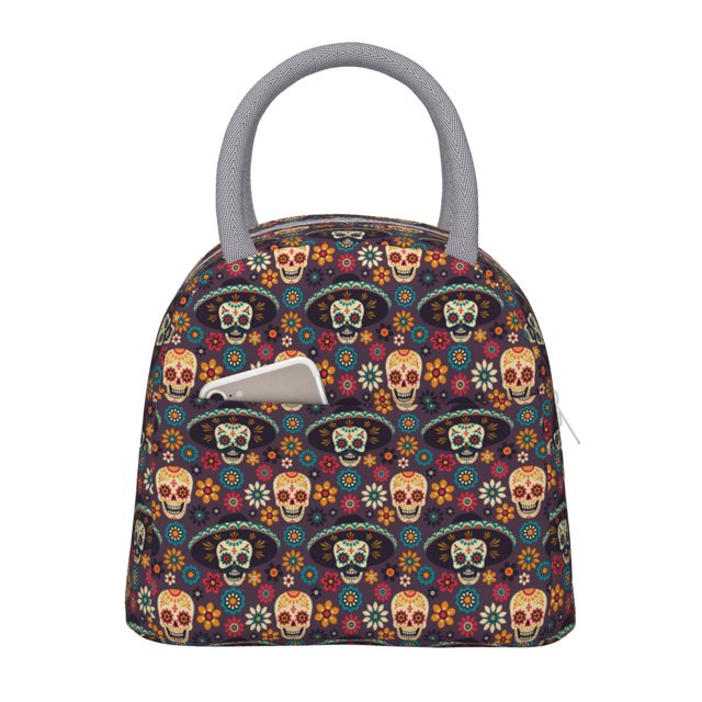Balery Skulls and Flowers Bolsa de Almuerzo para Mujeres, Caja de Almuerzo, Bolsa de Almuerzo Pequeña Impermeable, Tote de Almuerzo Reutilizable con Gran Capacidad