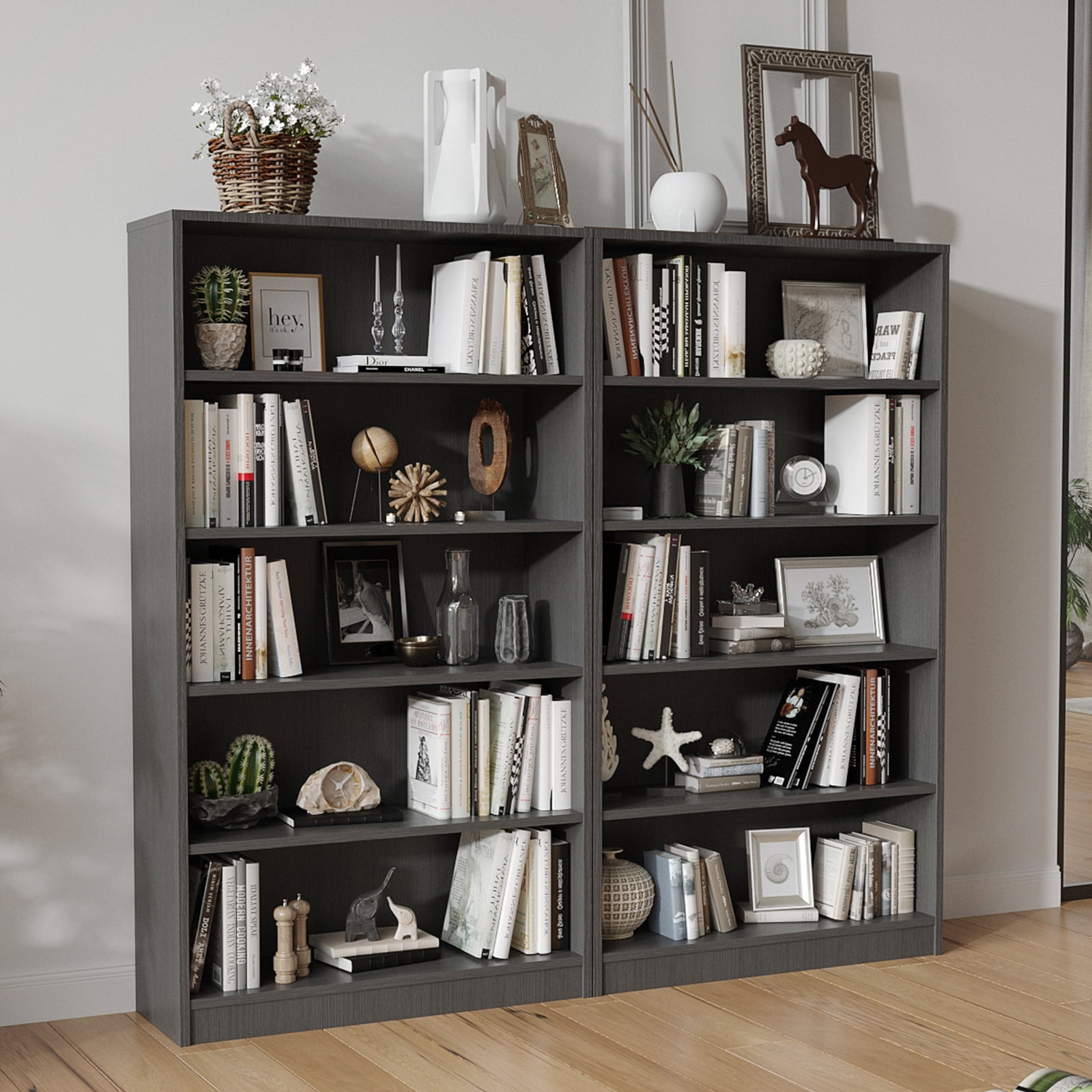 STARY 5 Tiers Bookcase, Wooden Bookcase with Adjustable Shelves for Home, Office, Grey