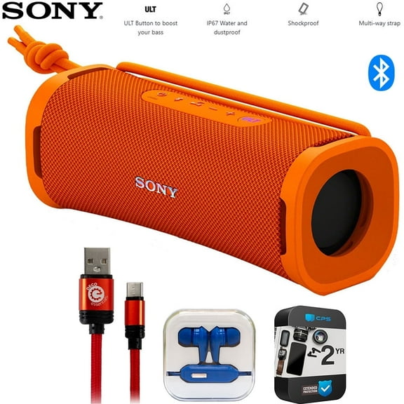 Sony SRSULT10/D ULT Field 1 Wireless Ultra Portable Bluetooth Compact Speaker Bundle with 6FT Type-C Charge & Sync USB Cable, In-Ear Headphone (Colors May Vary) and 2 YR CPS Enhanced Protection Pack