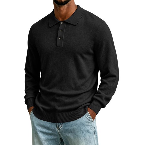 TOUMENY Men Sweater Casual Button Down Collared Long Sleeve Slim Fit Knitted Pullover Fall Winter Warm Solid Color Fashion Tops Black L