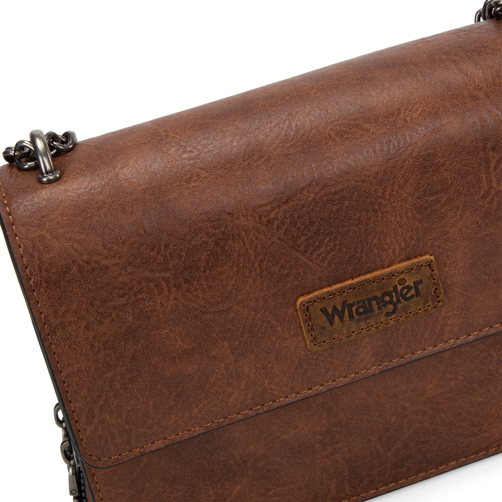 Wrangler Flap CrossBody Purse for Women Small Shoulder Bag with Chain Strap, Dark Brown