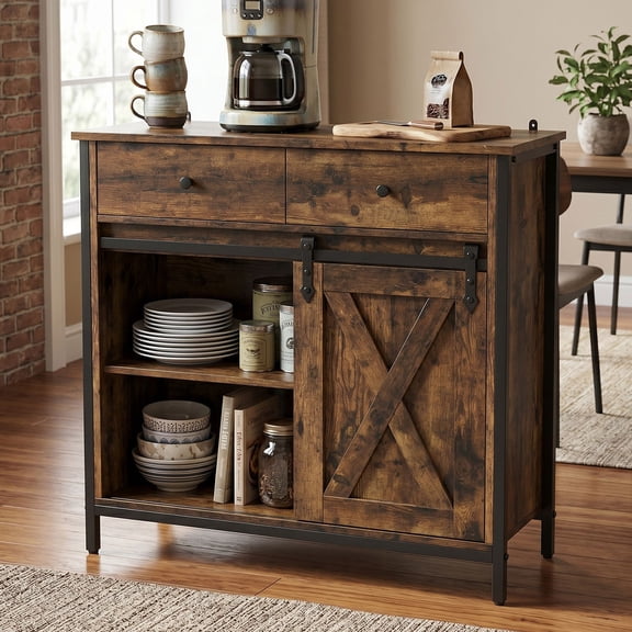 FvMuCore Rustic Farmhouse Sideboard Buffet Cabinet with Sliding Barn Door, 2 Drawers, Adjustable Shelves for Kitchen Dining Room