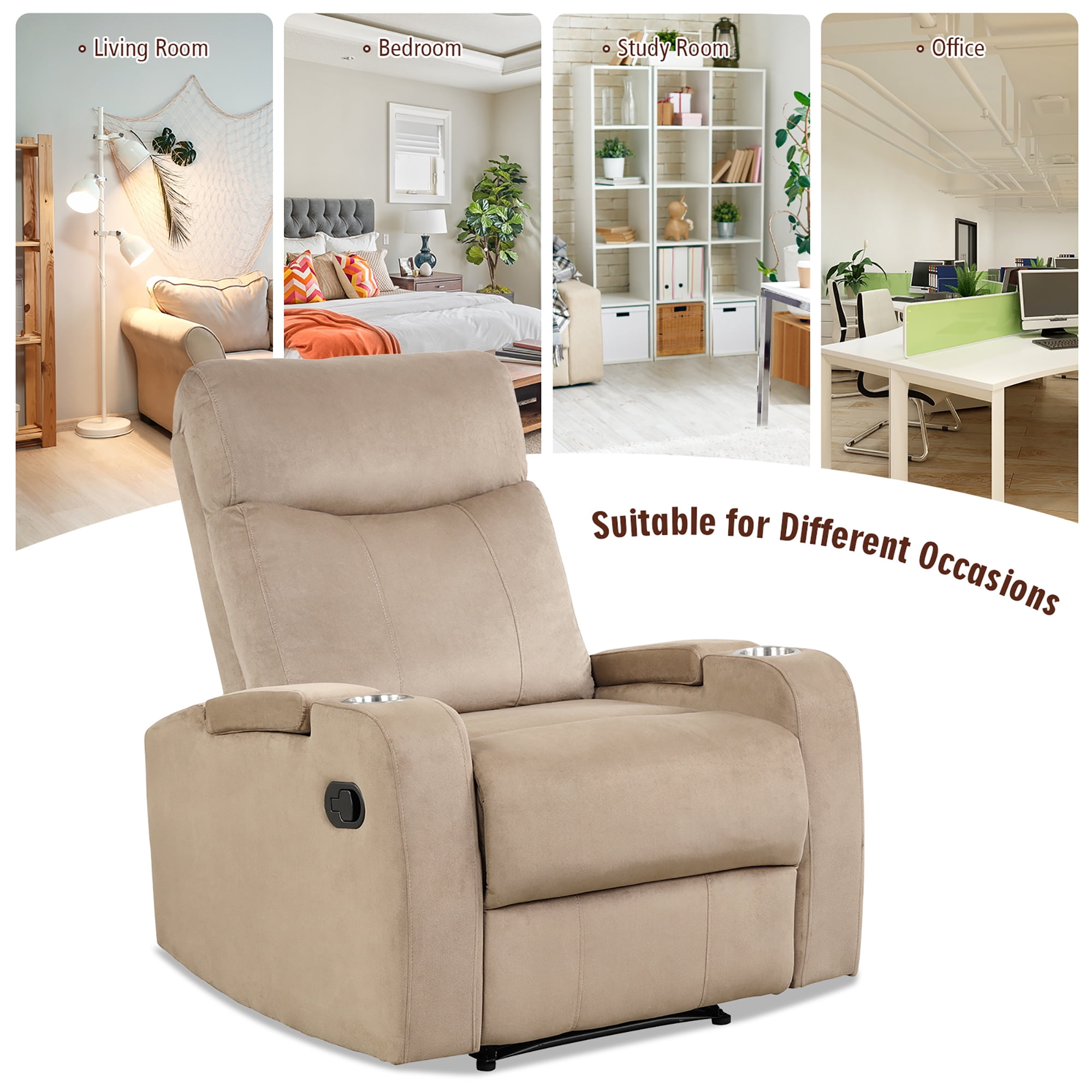 Costway Recliner Chair Single Sofa Lounger with Arm Storage & Cup Holder Brown