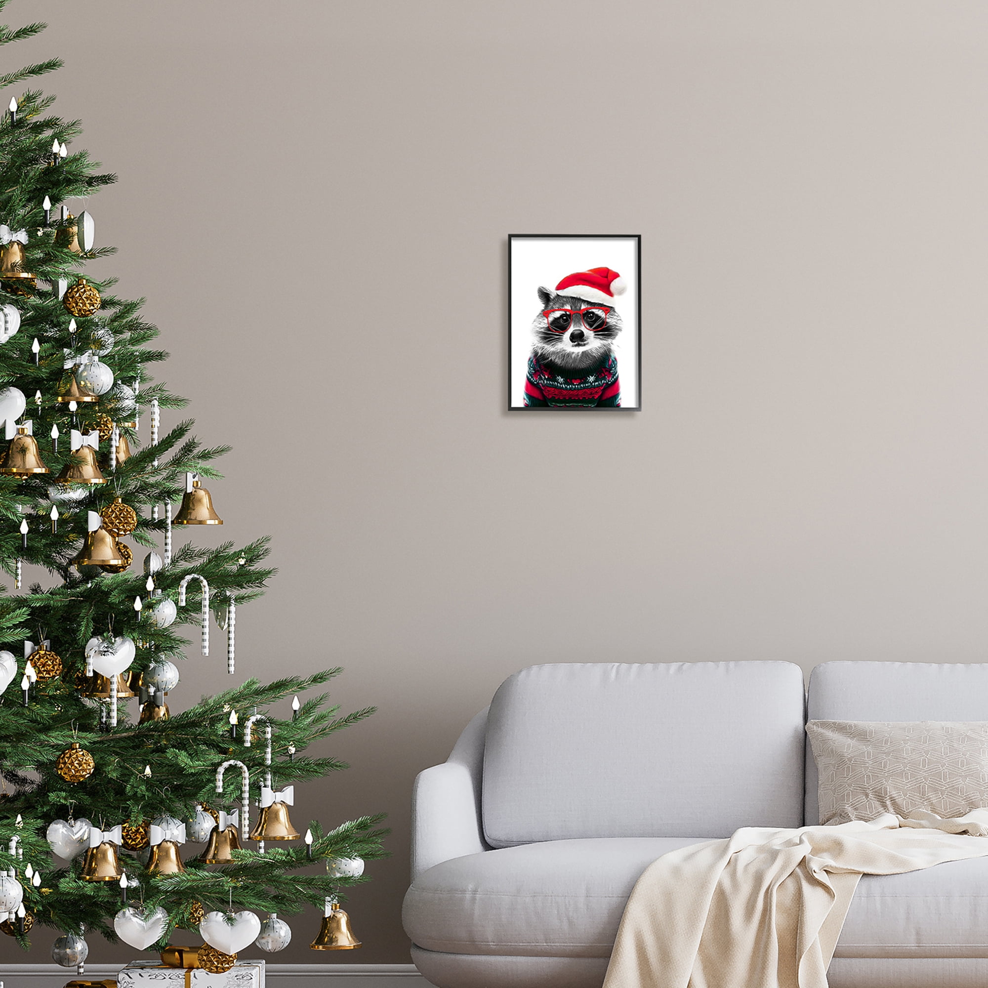 Stupell Industries Raccoon in Holiday Sweater Holiday Painting Black Framed Art Print Wall Art, 11 x 14