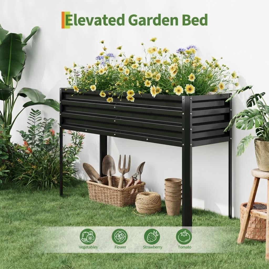 32" Tall Self-Watering Raised Garden Bed with Legs, Heavy Duty Galvanized Steel Planter, Modular Ergonomic Design for Patio Backyard, Black