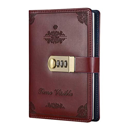 ToiM PU Leather Journal Writing Notebook Fashion Daily Notepad with Combination Lock and Pen Holder, B6 Size Password Diary for Men and Women (without Chinese Writings) (Deep Red)