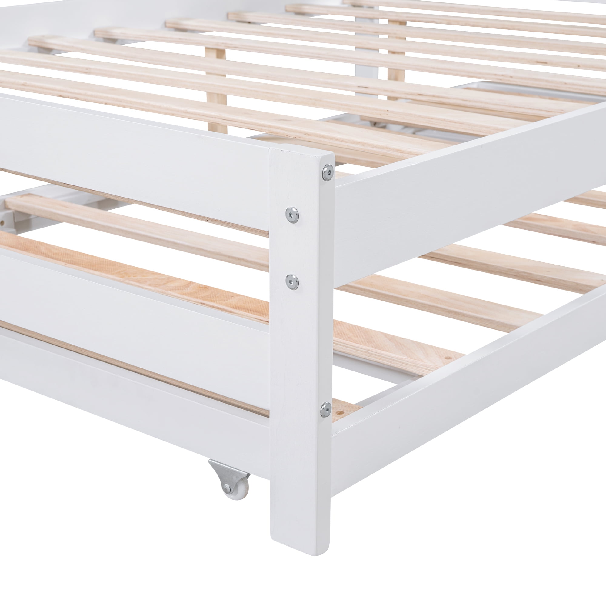Aukfa Full Size Platform Bed with Trundle - Solid Wood Bed Frame for Kids Guests Bedroom - White