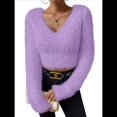 thumbnail image 3 of Suéter Corto de Larga con Cuello en V para Mujer, Informal, Liso, Ajustado, Cálido, de Punto Púrpura L, 3 of 8