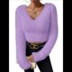 thumbnail image 3 of Suéter Corto de Larga con Cuello en V para Mujer, Informal, Liso, Ajustado, Cálido, de Punto Púrpura L, 3 of 8