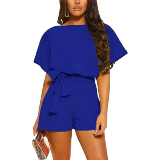 Women's Loose Short Sleeve One Piece Rompers Jumpsuit Wide Leg Belted ...