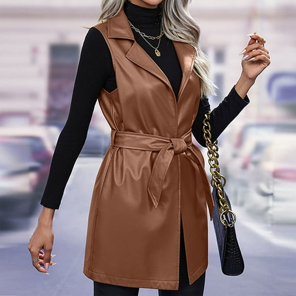 TrdSipl Faux Leather Vest for Women Long Pu Jackets Sleeveless Open Front Pu Leather Jackets Fall Vest Jackets with Belt