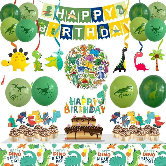 Dinosaur Themed Birthday Party Decorations,Dinosaur Kids Party Packs with Happy Birthday Banners,Dinosaur Balloons,Dinosaur Tail Cake Toppers,Hanging Swirls Party Supplies for Child