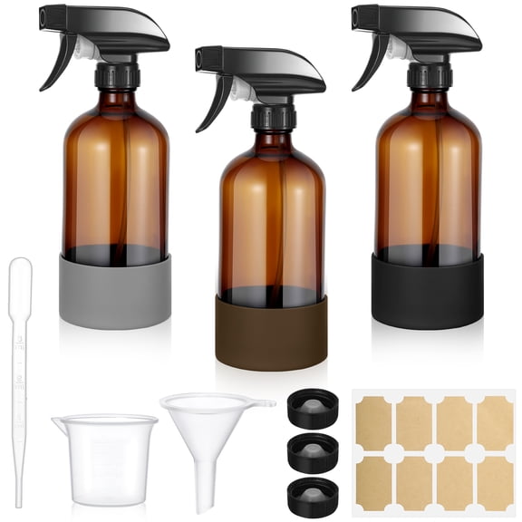 Armscye 3 Pack 16.9 Oz Glass Spray Bottles, Empty Amber Squirt Bottles with Adjustable Nozzle, Refillable Spray Container for Essential Oils, Hair, Cooking, Cleaning Sprayers with Rich Accessories