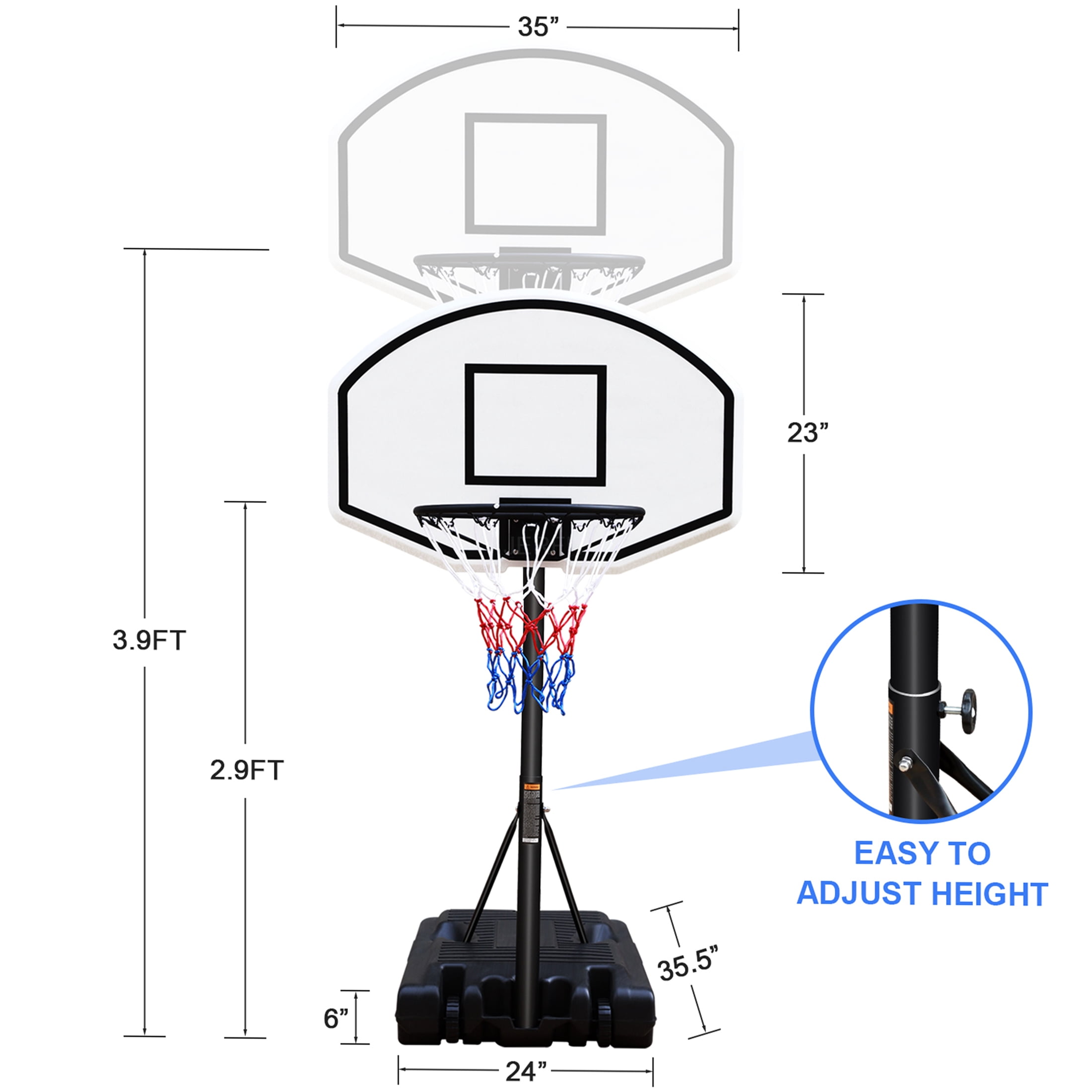 JERFIT Height Adjustable Portable Pool Basketball Hoop System with 36" Backboard, for Indoor Outdoor Sports Games, Black